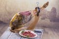 Jamon. Jamon serrano. Traditional Spanish ham close up. Dry cured spanish pork ham in a plate.old vintage wooden Royalty Free Stock Photo