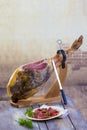 Jamon. Jamon serrano. Traditional Spanish ham with knife close up. Dry cured spanish pork ham in a plate.old vintage