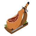 Jamon. Meat delicatessen on white background. Spanish dry cured pork leg with black hoof, jamon iberico bellota. Simple