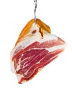 Jamon. Meat is hanging on hook. Isolated