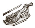 Jamon on a wooden stand sketch illustration. Butcher shop, farm meat products hand drawn engraving