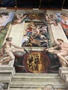 Close-up photo of Sacrifice of Noah from the Book of Genesis ceiling fresco painting by Michelangelo