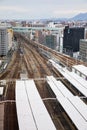 17 jan 2020 - Hakata, Kyushu, Japan : Top wide angle view of Hakata JR Station in WInter, Kyushu, Japan. train is coming and