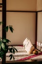Warm cozy Japanese style living room with mat and pillows Royalty Free Stock Photo