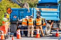 Jan 9, 2020 Mountain View / CA / USA - PG&E work crew performing emergency repairs in a city in South San Francisco Bay Area Royalty Free Stock Photo