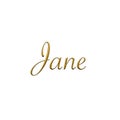 Jane - Female name . Gold 3D icon on white background. Decorative font. Template, signature logo.