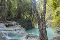 Jangle landscape with flowing turquoise water of Erawan cascade waterfall Royalty Free Stock Photo