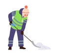 Janitor cartoon character in uniform shoveling snow from street cleaning road after winter storm