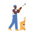 Janitor or cleaner cleans with a mini-washer, flat vector illustration isolated.