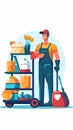 janitor cleaner in uniform with cleaning equipment, office home cleaning services company