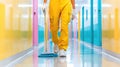 Janitor Cleaning Brightly Colored Modern School Hallway Floor Royalty Free Stock Photo