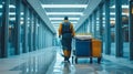 Janitor with cleaning cart walking in office corridor Royalty Free Stock Photo