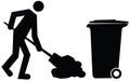 Janitor cleaning and dumping waste into trash bin or garbage bin