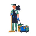 Janitor - female janitor in uniform holding mop and cleaning trolley. Cleaning service and hospital disinfection. Flat
