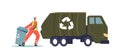 Janitor loading recycling container with litter for separation. Garbage man loading waste to truck