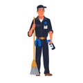 Janitor - male janitor in black uniform holding mop. Cleaning service and hospital disinfection. Flat style vector