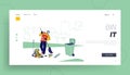 Janitor Male Character in Mask and Uniform Sweeping Rubbish and Waste on Street Landing Page Template, Litter Bin