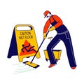 Janitor Male Character Mopping and Cleaning Floor with Yellow Caution Sign Warning People to be Careful Royalty Free Stock Photo