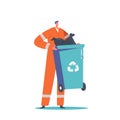 Janitor Male Character Wear Orange Uniform with Recycling Litter Bin for Sorting Wastes Isolated on White Background