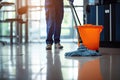 Janitor Mopping an Office Floor, Mop Close-Up, Cleaner Cleans the Floors, Generative AI Illustration