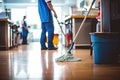 Janitor Mopping an Office Floor, Mop Close-Up, Cleaner Cleans the Floors, Generative AI Illustration