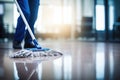 Janitor Mopping an Office Floor, Mop Close-Up, Cleaner Cleans the Floors, Generative AI Illustration