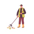 Janitor raking autumn leaf with tool. Worker from utility service works outdoors, cleaning street from leaves, trash in