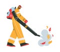 Janitor or street cleaner removes leaves, illustration on white