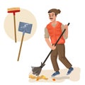 Janitor sweeping. Professions, character and items for his work. Children education. Exercise for preschoolers. Vector