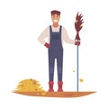 The janitor sweeps the fallen leaves with a broom. Vector illustration on white isolated background