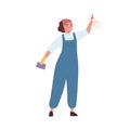 Janitor woman maid in office cleaning service uniform, coveralls, holding detergent bottle, sprinkler, sponge