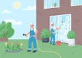 Janitors team cleaning house flat color vector illustration