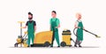 Janitors team cleaning service concept male female cleaners in uniform working together with professional equipment flat