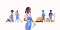 Janitors team working together cleaning service concept african american male female cleaners in uniform using