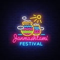 Janmashtami festival neon sign vector design template. Festive illustration of Krishna`s birthday. Celebration of the