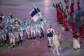 Janne Ahonyen carrying the flag of Finland leading the Finnish Olympic team at the PyeongChang 2018 Winter Olympic Games Royalty Free Stock Photo