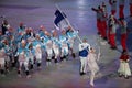 Janne Ahonyen carrying the flag of Finland leading the Finnish Olympic team at the PyeongChang 2018 Winter Olympic Games Royalty Free Stock Photo