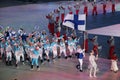 Janne Ahonyen carrying the flag of Finland leading the Finnish Olympic team at the PyeongChang 2018 Winter Olympic Games Royalty Free Stock Photo
