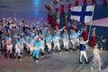 Janne Ahonyen carrying the flag of Finland leading the Finnish Olympic team at the PyeongChang 2018 Winter Olympic Games Royalty Free Stock Photo