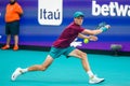 Jannik Sinner of Italy in action during quarter-final match against Emil Ruusuvuori of Finland at 2023 Miami Open