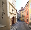 Jansky vrsek street near the Museum of Alchemists in Mala Strana, an old part of Czech city Prague, in late summer