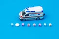 January 22, 2022 Balti Moldova Text HOSPITAL made with cubes, tablet instead of the letter O. Toy ambulance