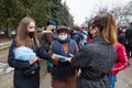 January 31, 2021 Balti Moldova, volunteers distribute free medical mask during meetings, public events