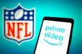 January 23, 2024, Brazil. The Amazon Prime Video logo is displayed on a smartphone screen and National Royalty Free Stock Photo