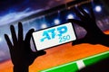 January 9, 2023, Brazil. In this photo illustration, the ATP 250 ATP World Tour 250 logo is displayed on a smartphone screen