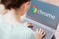 January 6, 2024, Brazil. In this photo illustration, the Google Chrome logo is seen displayed on a laptop screen Royalty Free Stock Photo