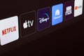 January 8, 2024, Brazil. In this photo illustration the Netflix, Apple TV, Disney Plus, Paramount Plus, HBO Max and YouTube logo Royalty Free Stock Photo