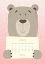 2023 january calendar, cute bear animal holding a monthly calendar sheet, hand