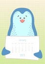 2023 january calendar, cute penguin holding a monthly calendar sheet, hand drawn