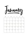 2020 January calendar desk planner, weeks start on Monday. Hand drawn lettering font